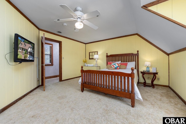 718 Canal Dr Lot 308, Kill Devil Hills, NC 27948 - bedroom featuring carpet flooring, ornamental molding, baseboards, ceiling fan, and lofted ceiling