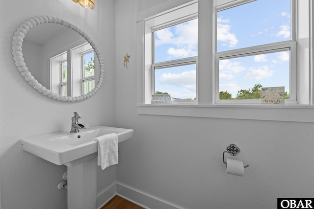 bathroom with plenty of natural light, baseboards, and wood finished floors