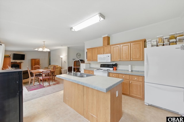 138 Swains Ln Lot 3, Barco, NC 27917 - kitchen with white appliances, a sink, light countertops, light tile patterned floors, and a chandelier