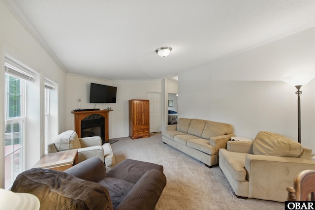 138 Swains Ln Lot 3, Barco, NC 27917 - living room featuring light carpet, a fireplace, and ornamental molding