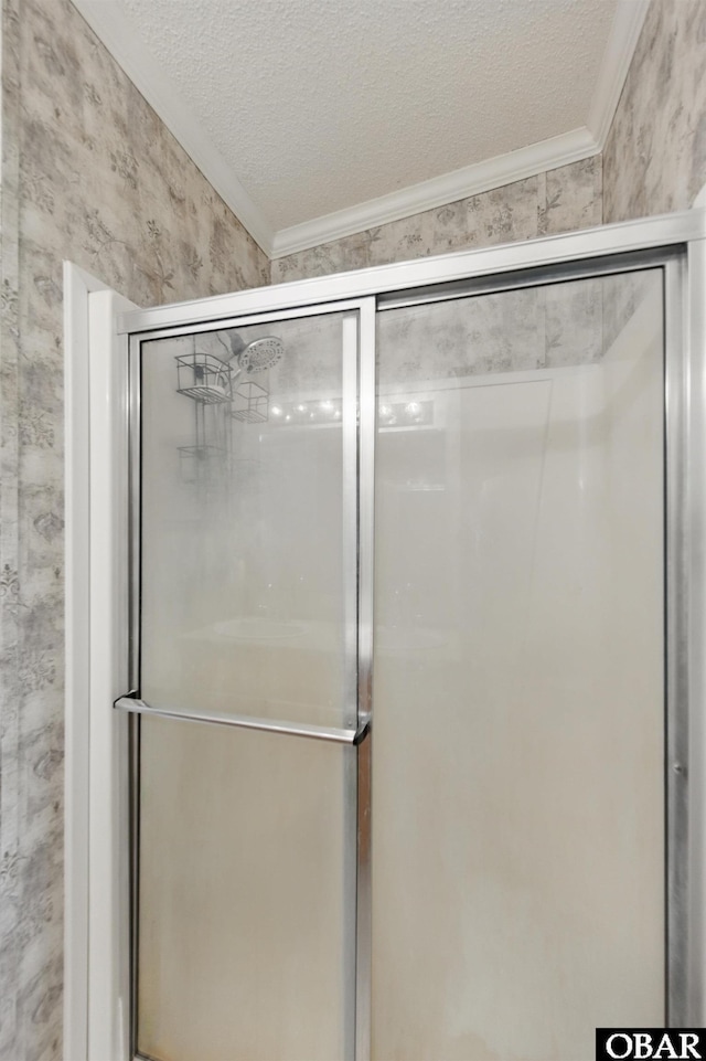 138 Swains Ln Lot 3, Barco, NC 27917 - bathroom with ornamental molding, a stall shower, and a textured ceiling