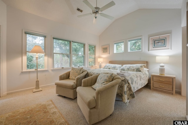 bedroom with lofted ceiling, light colored carpet, visible vents, ceiling fan, and baseboards