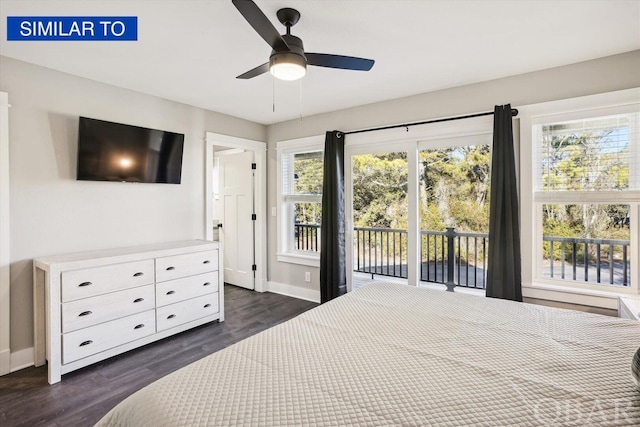 bedroom featuring access to outside, multiple windows, baseboards, and dark wood-style flooring