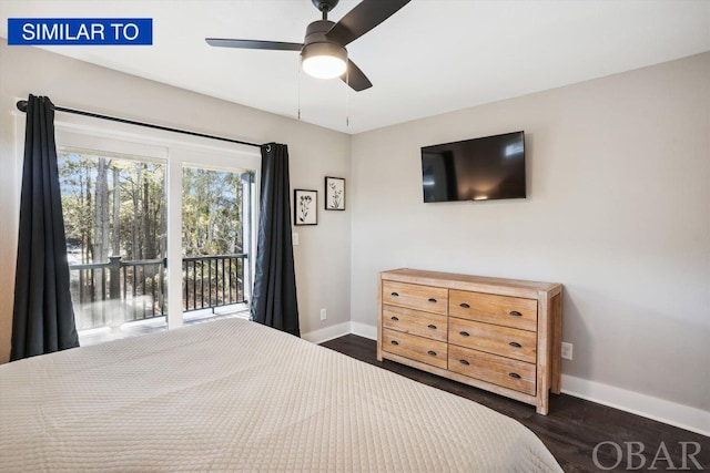 bedroom with access to exterior, ceiling fan, baseboards, and dark wood-style floors