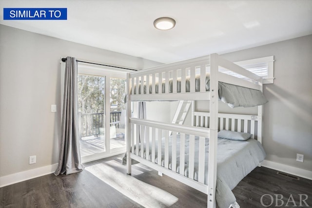 bedroom with access to exterior, visible vents, baseboards, and dark wood finished floors