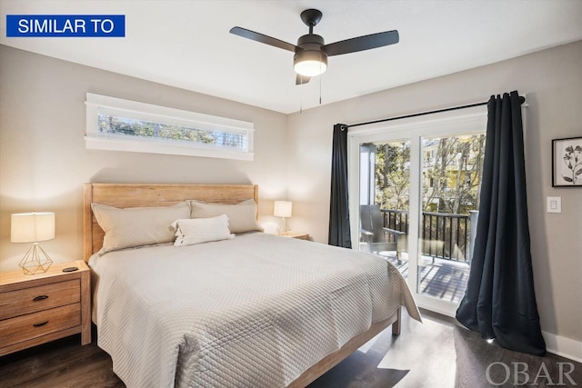 bedroom with access to outside, multiple windows, a ceiling fan, and dark wood-type flooring