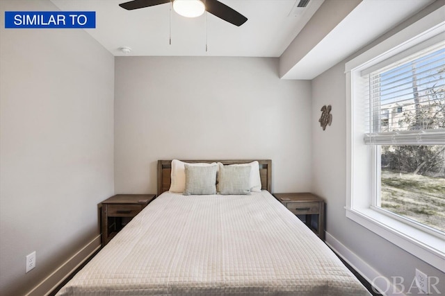 bedroom with a ceiling fan, visible vents, and baseboards