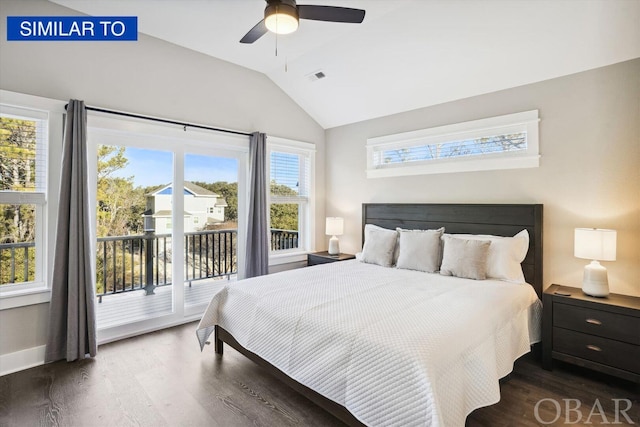 bedroom with access to exterior, dark wood-style flooring, visible vents, vaulted ceiling, and ceiling fan