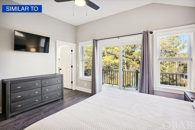 bedroom with dark wood-style flooring, lofted ceiling, ceiling fan, access to outside, and baseboards