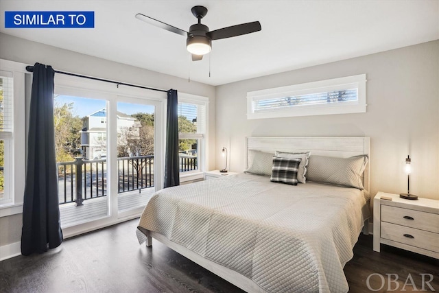 bedroom with multiple windows, access to outside, dark wood-style flooring, and a ceiling fan