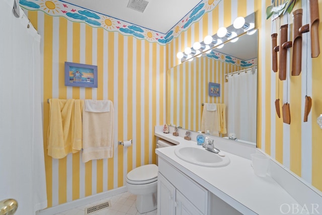 bathroom with toilet, wallpapered walls, visible vents, and vanity