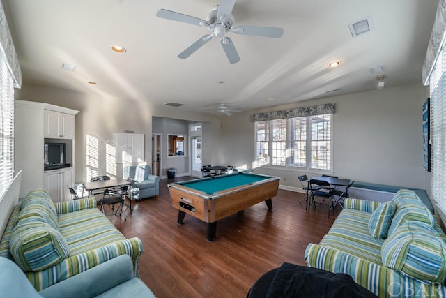 recreation room with dark wood-style floors, visible vents, and pool table