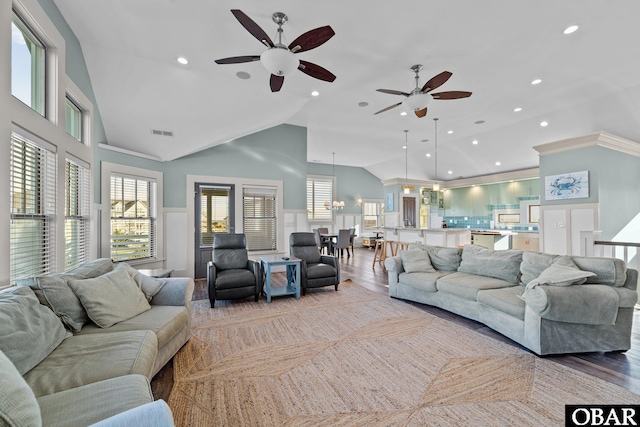 27206 Sea Chest Ct Lot 27, Salvo, NC 27972 - living room with lofted ceiling, ceiling fan, light wood-style flooring, recessed lighting, and a wainscoted wall