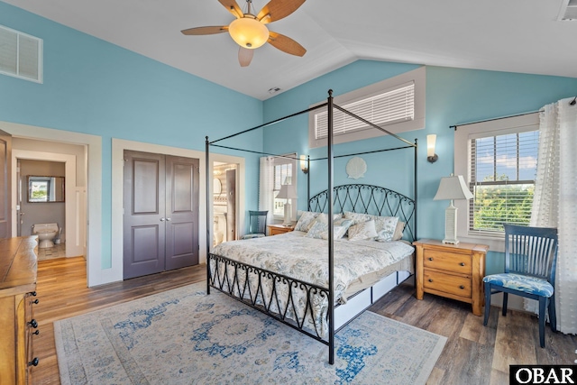 27206 Sea Chest Ct Lot 27, Salvo, NC 27972 - bedroom with wood finished floors, high vaulted ceiling, and a ceiling fan