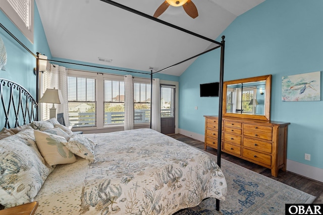 27206 Sea Chest Ct Lot 27, Salvo, NC 27972 - bedroom featuring wood finished floors, baseboards, high vaulted ceiling, and ceiling fan