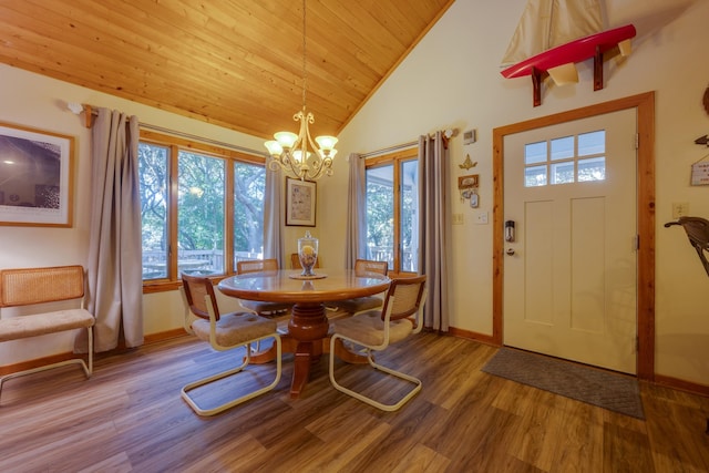 dining room with wood ceiling, a chandelier, a wealth of natural light, and wood finished floors