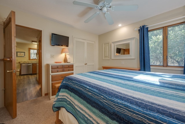 bedroom featuring carpet floors, recessed lighting, a closet, and a ceiling fan