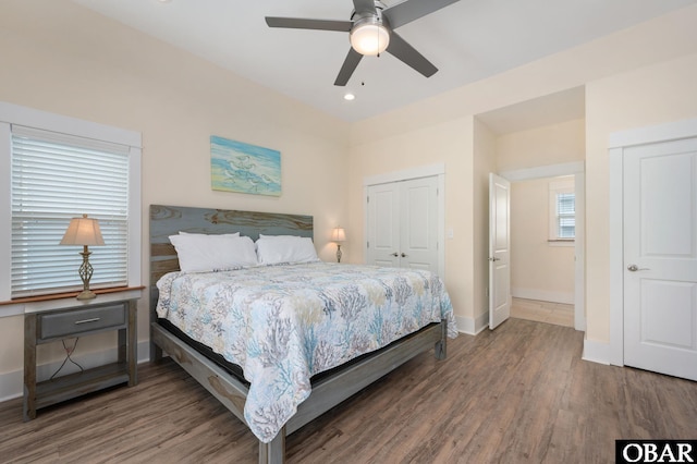 655 Pampas Ct Lot 162, Corolla, NC 27927 - bedroom with wood finished floors, a ceiling fan, a closet, and recessed lighting