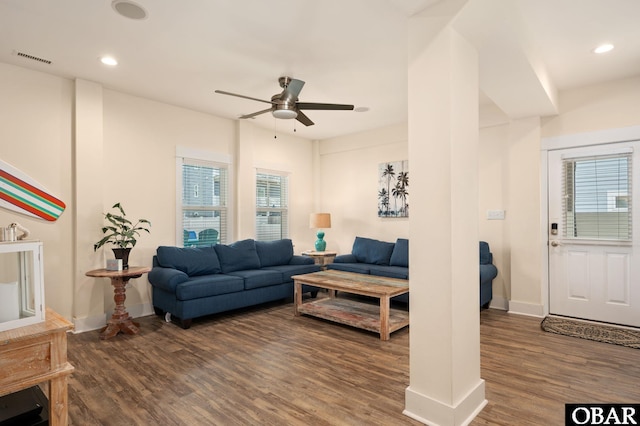 655 Pampas Ct Lot 162, Corolla, NC 27927 - living area featuring dark wood finished floors, ceiling fan, and recessed lighting