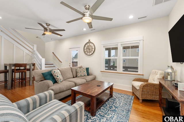 655 Pampas Ct Lot 162, Corolla, NC 27927 - living area with a ceiling fan, stairs, light wood-type flooring, and recessed lighting