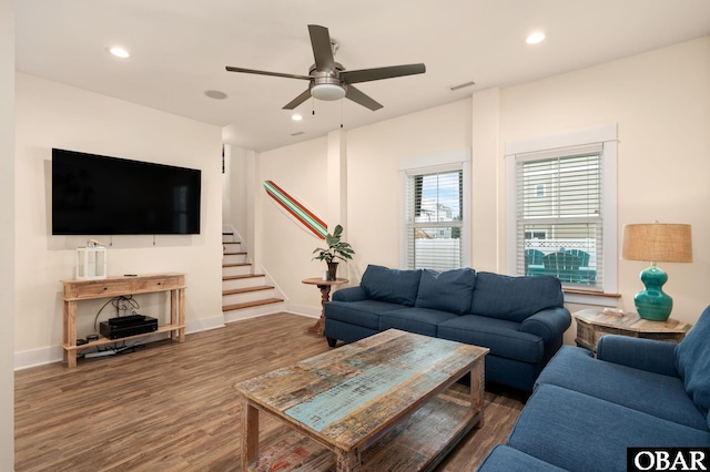 655 Pampas Ct Lot 162, Corolla, NC 27927 - living area with wood finished floors, stairs, a ceiling fan, and recessed lighting