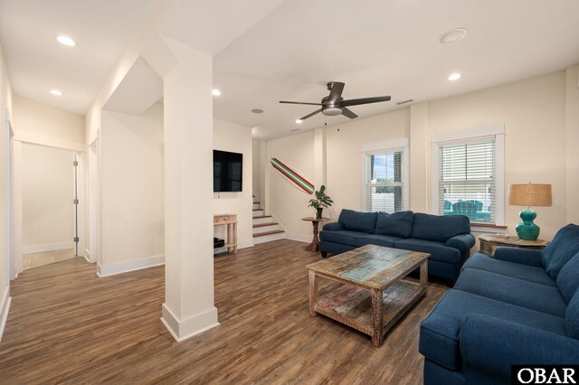 655 Pampas Ct Lot 162, Corolla, NC 27927 - living area featuring wood finished floors, recessed lighting, stairs, and ceiling fan