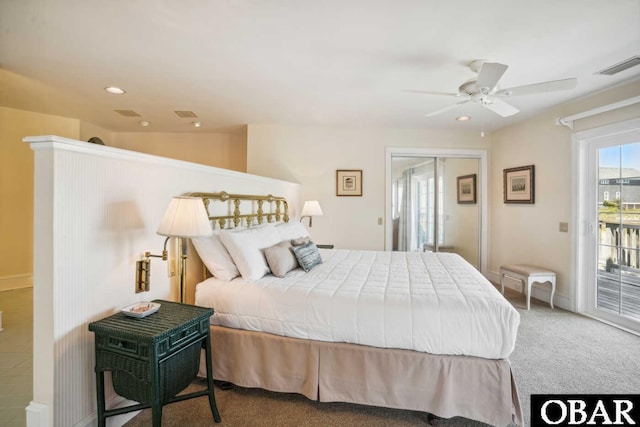 bedroom featuring ceiling fan, recessed lighting, carpet floors, visible vents, and access to outside