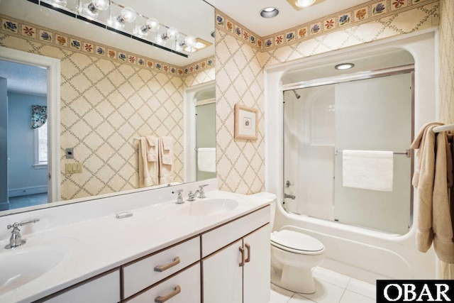 140 N Spinnaker Ct Lot # 20, Duck, NC 27949 - bathroom with double vanity, toilet, enclosed tub / shower combo, tile patterned floors, and recessed lighting