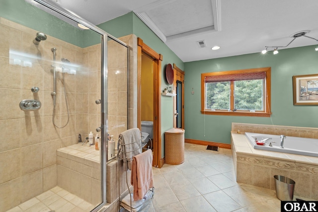 294 Hillcrest Dr Lot 20, Southern Shores, NC 27949 - bathroom featuring a garden tub, tile patterned flooring, a shower stall, and baseboards