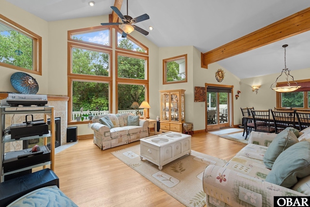 294 Hillcrest Dr Lot 20, Southern Shores, NC 27949 - living room with healthy amount of natural light, a ceiling fan, light wood-type flooring, beamed ceiling, and baseboards