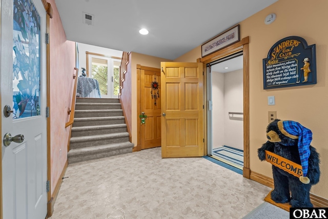 294 Hillcrest Dr Lot 20, Southern Shores, NC 27949 - carpeted entryway with stairway, baseboards, and recessed lighting