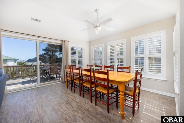 841 Golden Bluff Way Lot 336, Corolla, NC 27927 - dining area featuring a ceiling fan, wood finished floors, baseboards, and lofted ceiling