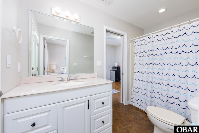 841 Golden Bluff Way Lot 336, Corolla, NC 27927 - bathroom with toilet, vanity, tile patterned floors, a shower with curtain, and recessed lighting