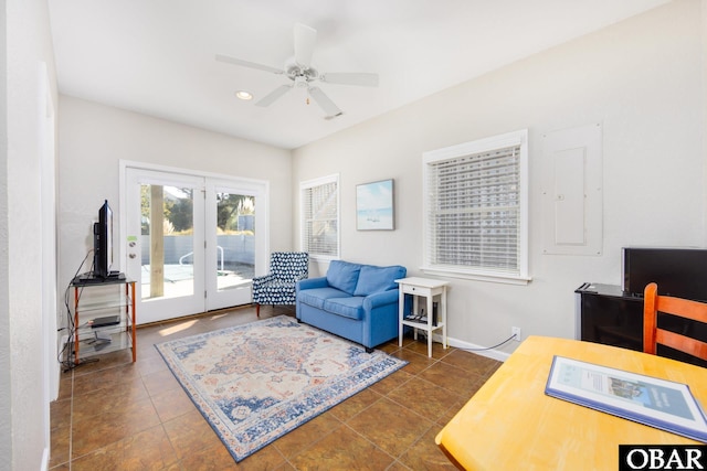 841 Golden Bluff Way Lot 336, Corolla, NC 27927 - living room with ceiling fan, dark tile patterned flooring, baseboards, french doors, and recessed lighting