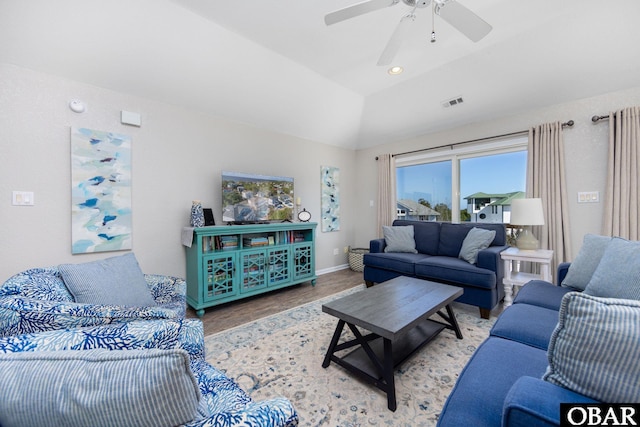 841 Golden Bluff Way Lot 336, Corolla, NC 27927 - living area featuring a ceiling fan, lofted ceiling, wood finished floors, and baseboards
