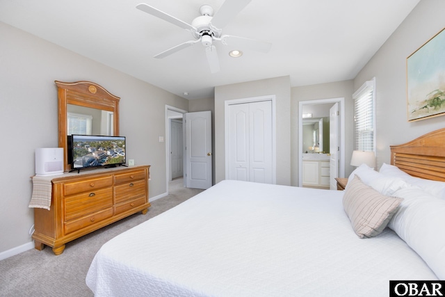 841 Golden Bluff Way Lot 336, Corolla, NC 27927 - bedroom featuring light colored carpet, a closet, baseboards, ensuite bathroom, and recessed lighting