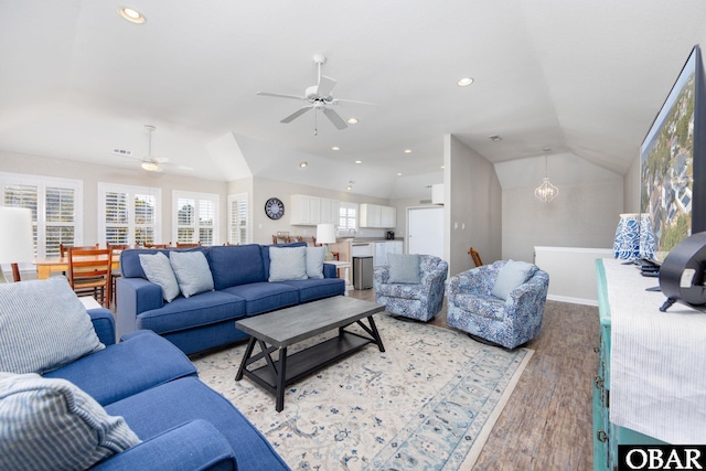 841 Golden Bluff Way Lot 336, Corolla, NC 27927 - living area with ceiling fan, vaulted ceiling, healthy amount of natural light, light wood finished floors, and baseboards