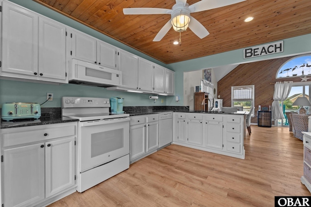4121 W Whispering Winds Ct Lot 17, Nags Head, NC 27959 - kitchen with white appliances, white cabinetry, wooden ceiling, a peninsula, and a sink