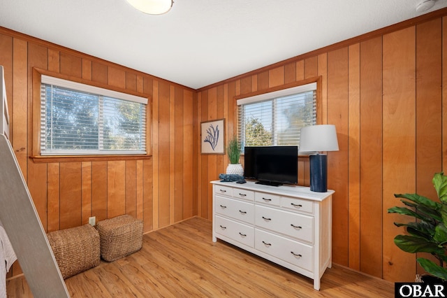 living area featuring wood walls and light wood-style floors