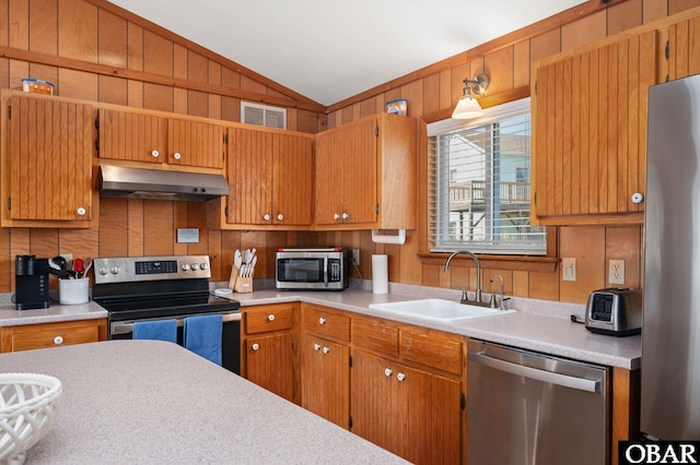 kitchen with under cabinet range hood, light countertops, lofted ceiling, stainless steel appliances, and a sink