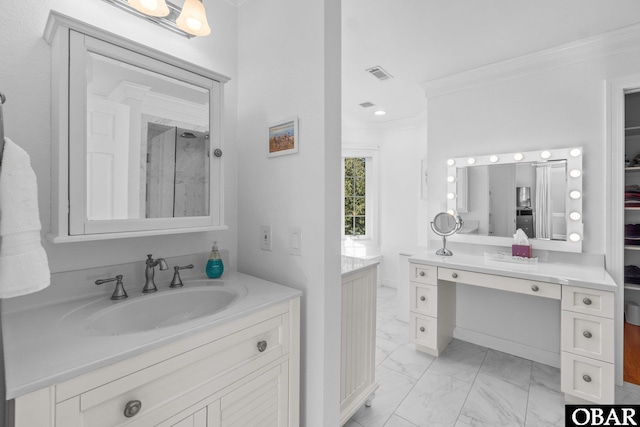 full bathroom featuring ornamental molding, marble finish floor, visible vents, and vanity