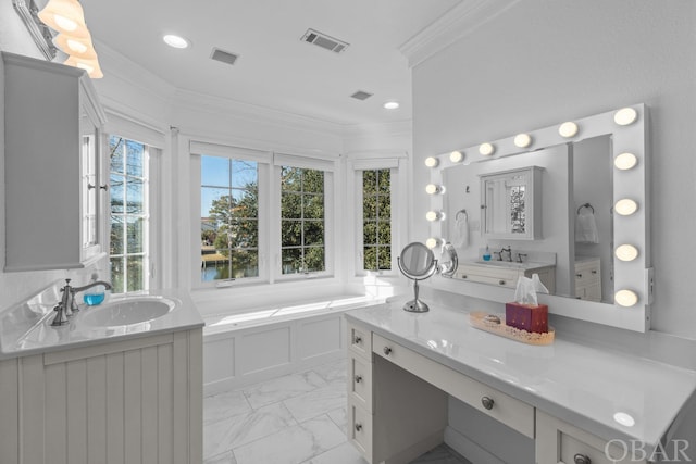 full bath with marble finish floor, visible vents, crown molding, and vanity