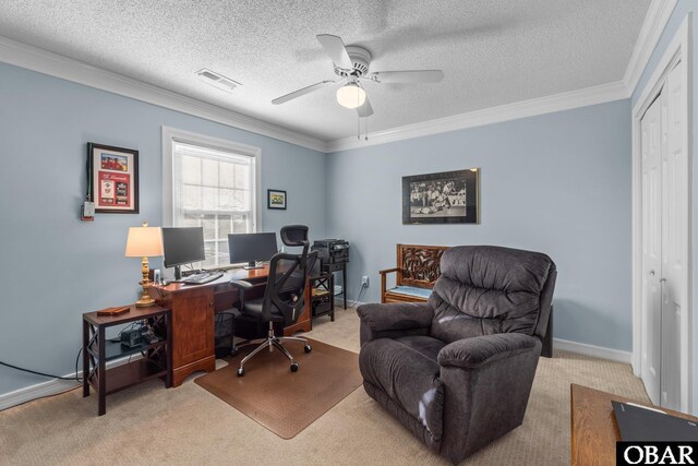 home office with light carpet, ornamental molding, a textured ceiling, and visible vents