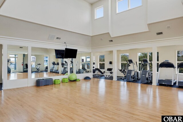 424 Pirates Way Unit 424A, Manteo, NC 27954 - workout area featuring visible vents, wood finished floors, and a healthy amount of sunlight