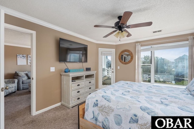 bedroom featuring light colored carpet, visible vents, crown molding, and a textured ceiling