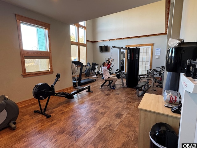 workout area with a high ceiling and wood finished floors