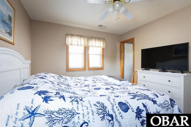 bedroom featuring a ceiling fan and visible vents