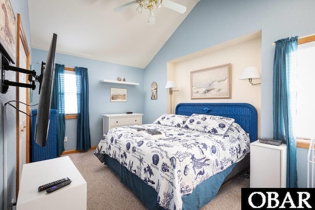 bedroom with a ceiling fan, carpet, and vaulted ceiling