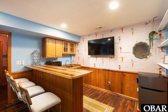 bar featuring visible vents, a wainscoted wall, dark wood-style floors, a sink, and recessed lighting