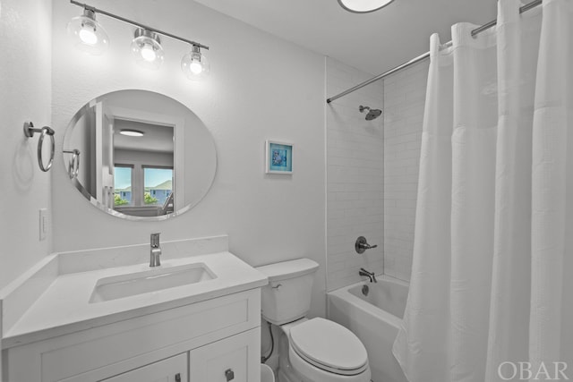 bathroom with toilet, shower / bathtub combination with curtain, and vanity